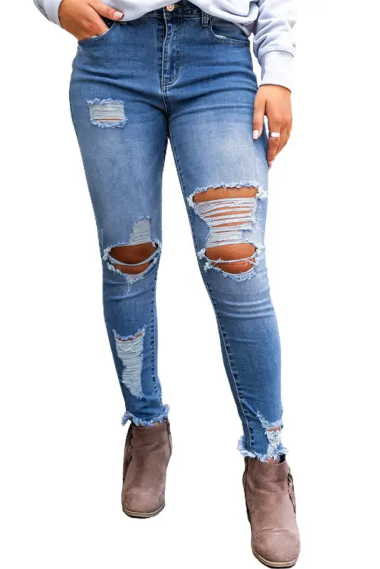 women's denim jeans with functional pocketsDistressed Skinny Jeans - Sky Blue High Waist