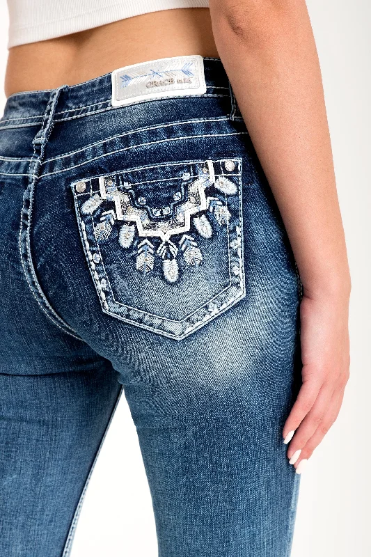 women's denim jeans for athletic bodiesFeather Necklace Embellished Women's Bootcut Jeans