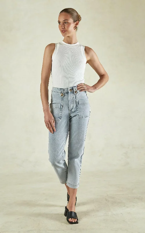 women's denim jeans with embroidery on pocketsStella Stretch High Waisted Denim Trousers