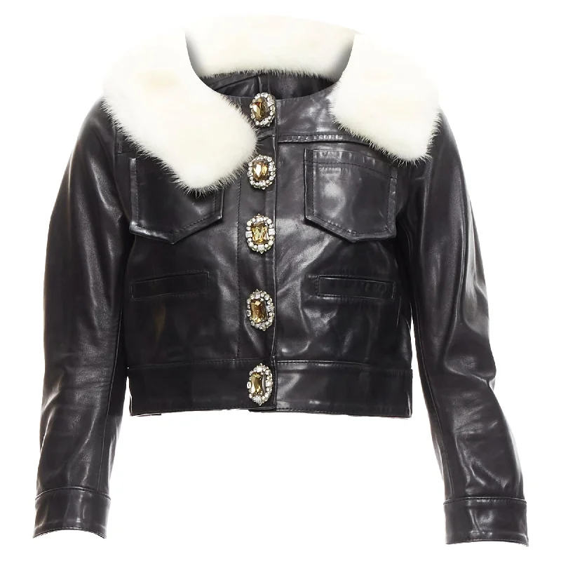 luxury women's coatsDsquared2 asymmetric fur collar jewel button cropped leather jacket