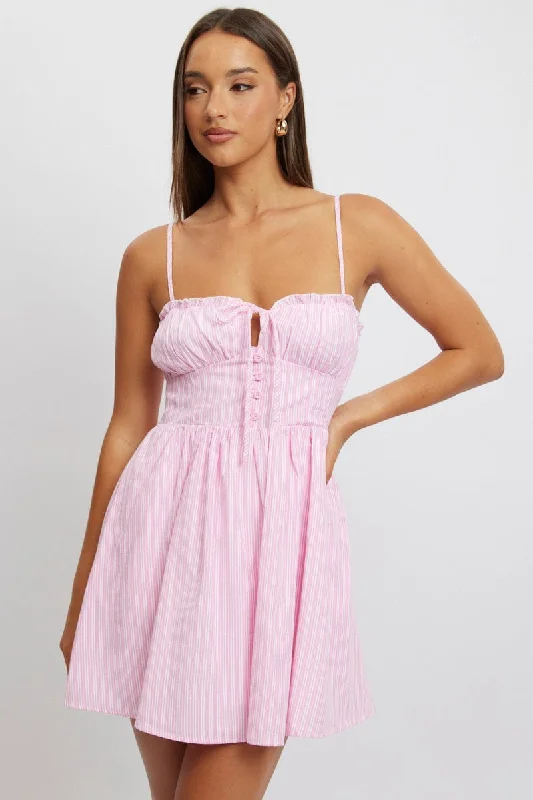 women's affordable dressesPink Stripe Fit And Flare Dress Mini