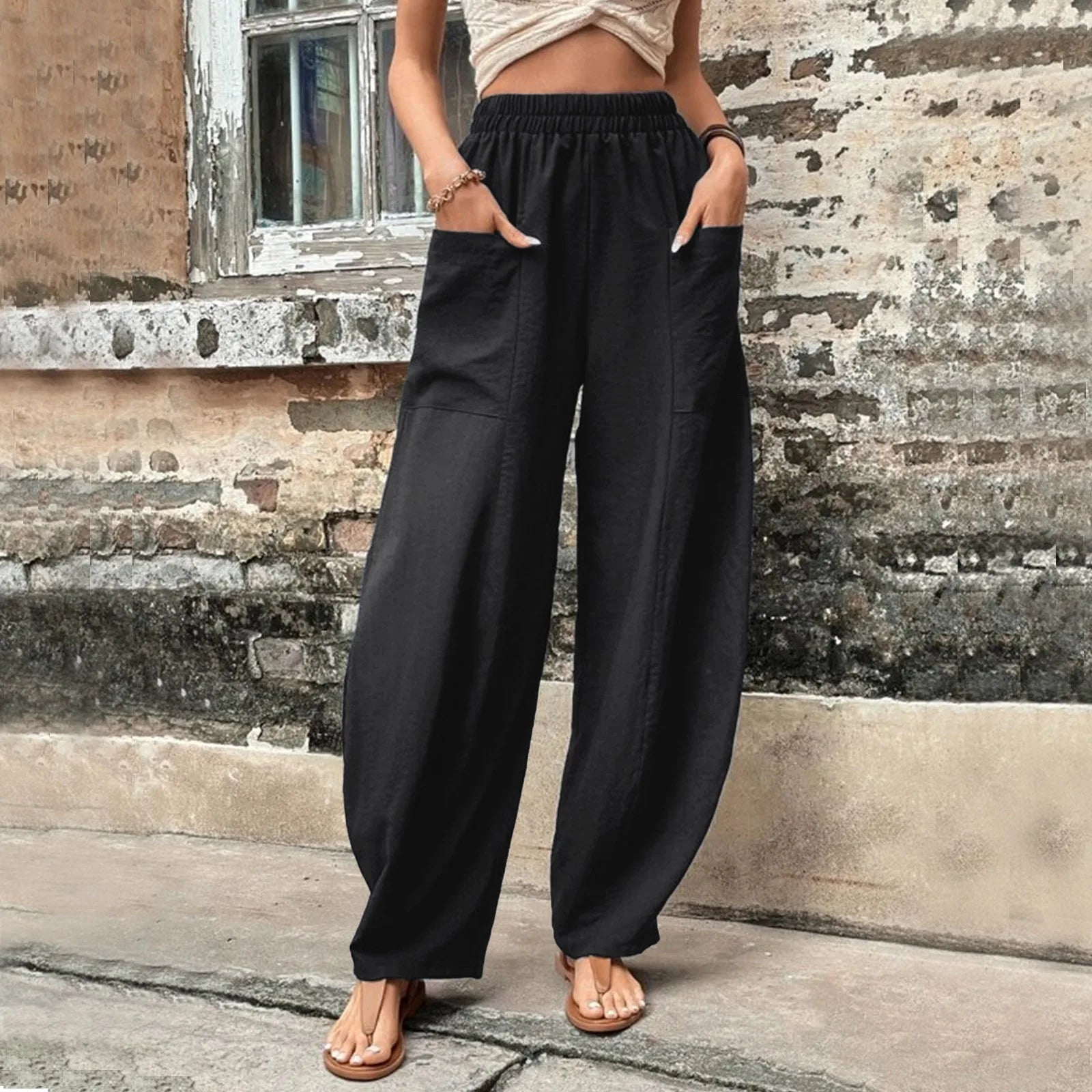 women's winter pantsColor Cotton Hemp Elastic Waist Wide-leg Pants