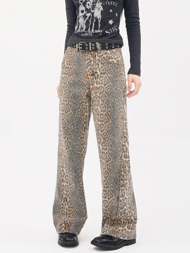 women's adventure pantsVintage Leopard Print Wide Leg Panther Denim Jeans