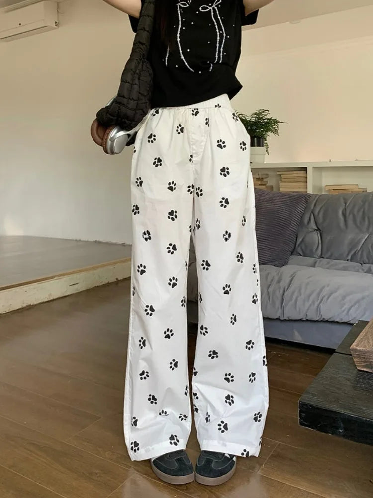 women's patched pantsGraphic White Pants Women Cartoon Printed High Waisted Pants