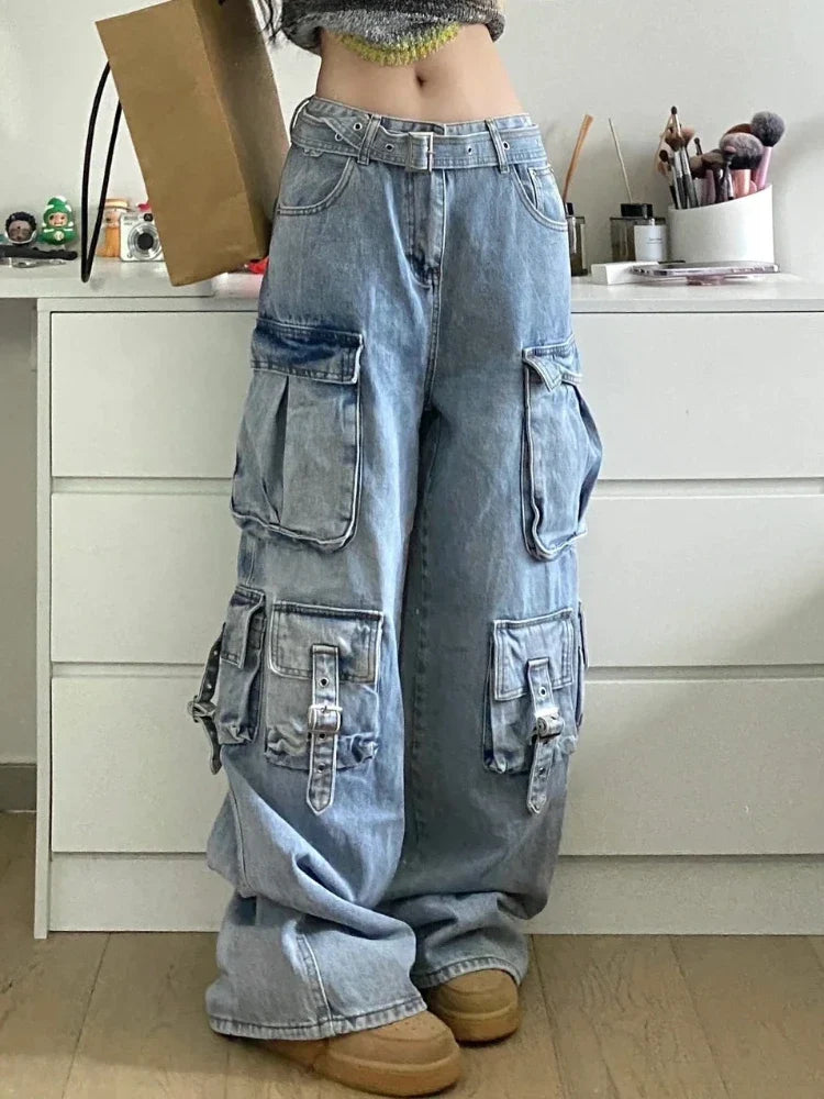 women's fall pantsCargo Jeans Women Y2k Oversize Fashion Kpop Pocket Wide Leg Denim Pants