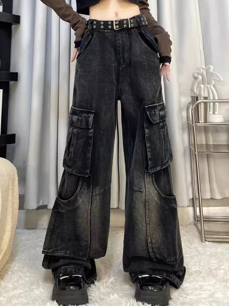 women's patterned pantsCargo Jeans Women Vintage Baggy Pocket Slouchy Wide Leg Denim Pants