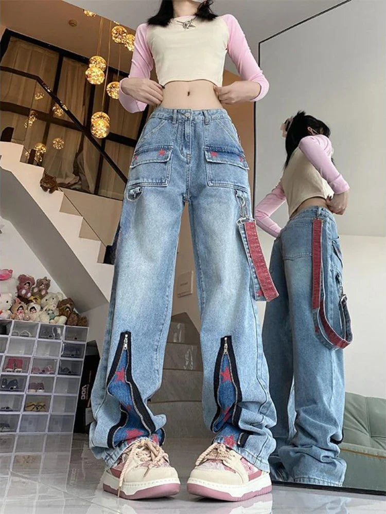 women's mid-rise pantsBaggy Jeans Women Oversize Zipper Star Contrast Wide Leg Denim Pants