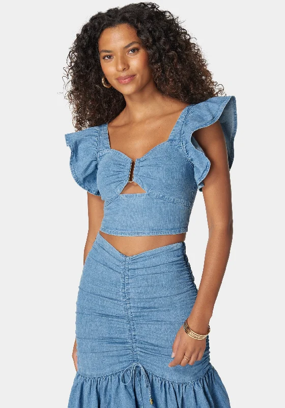 women's minimalist dressesFront Keyhole Ruffle Sleeve Denim Top