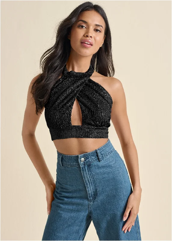 women's short-sleeved dressesSequin Halter Crop Top - Black