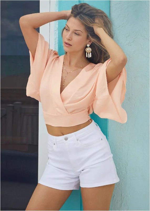 women's retro dressesKimono Sleeve Faux Wrap Top - Blush