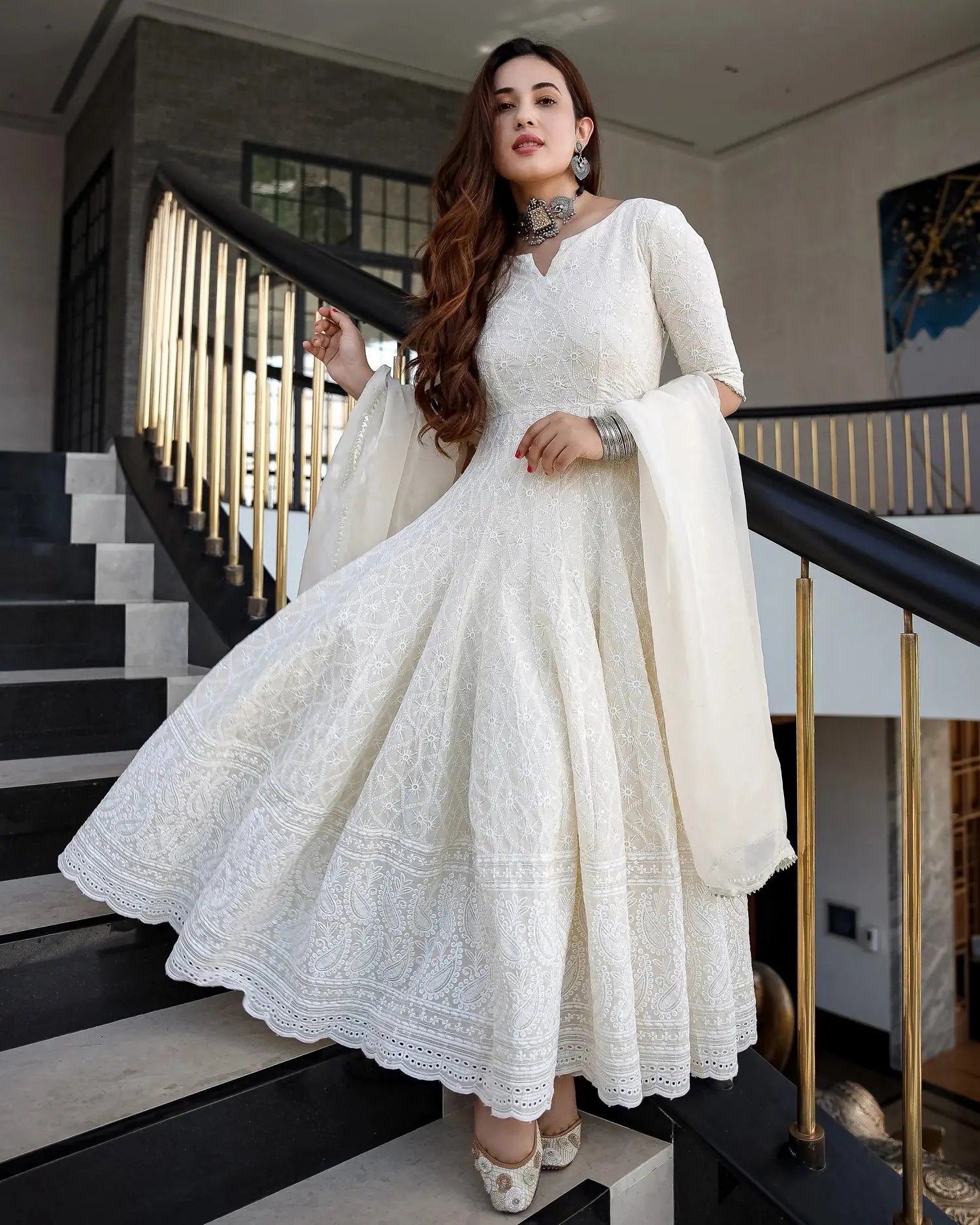 women's lace dressesNavyaa Women's White Cotton Chikankari Gown with Dupatta Set